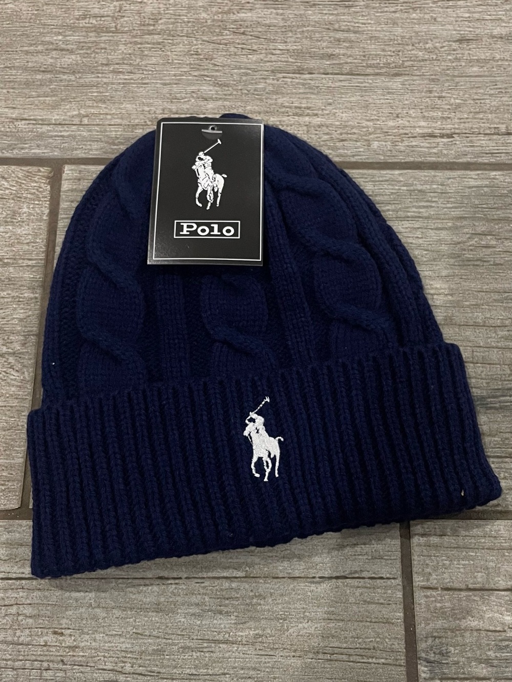Polo by Ralph Lauren Navy Cable Knit Beanie with White Polo Logo